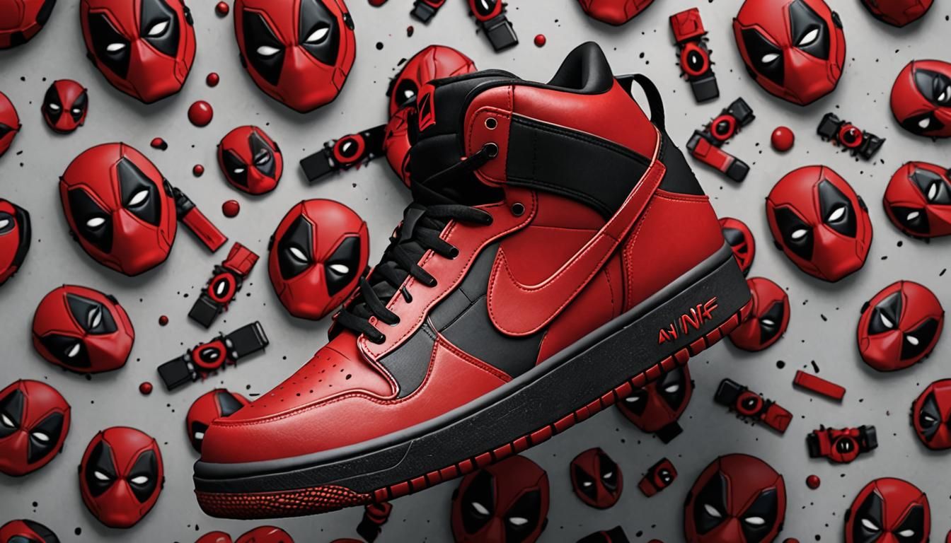 Sneaker design, nike, Deadpool style, Deadpool Logo, insanely detailed