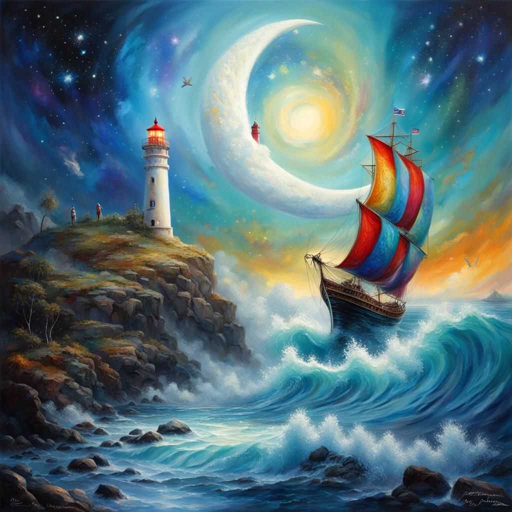 Emotional Landscape with Panther, Ship, and Moon