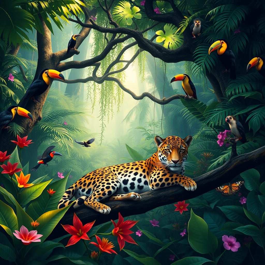 Golden Jaguar Amidst Vibrant Jungle Canopy