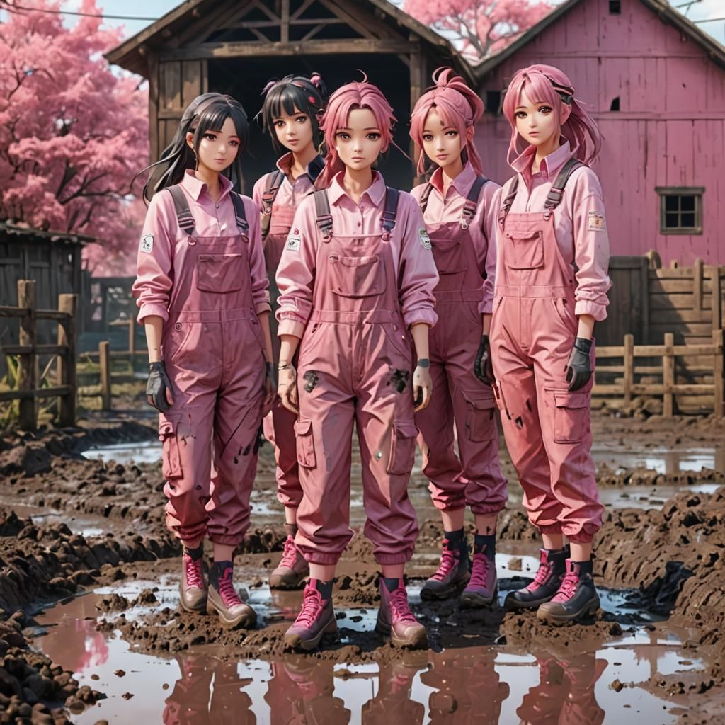 Anime Girls in Muddy Farmyard: Detailed Matte Painting