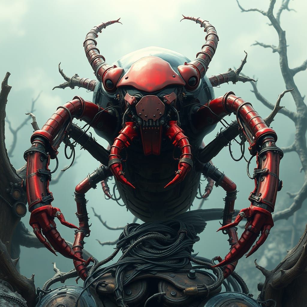 Cyberpunk Beetle in Giger-Inspired Biomechanical Style