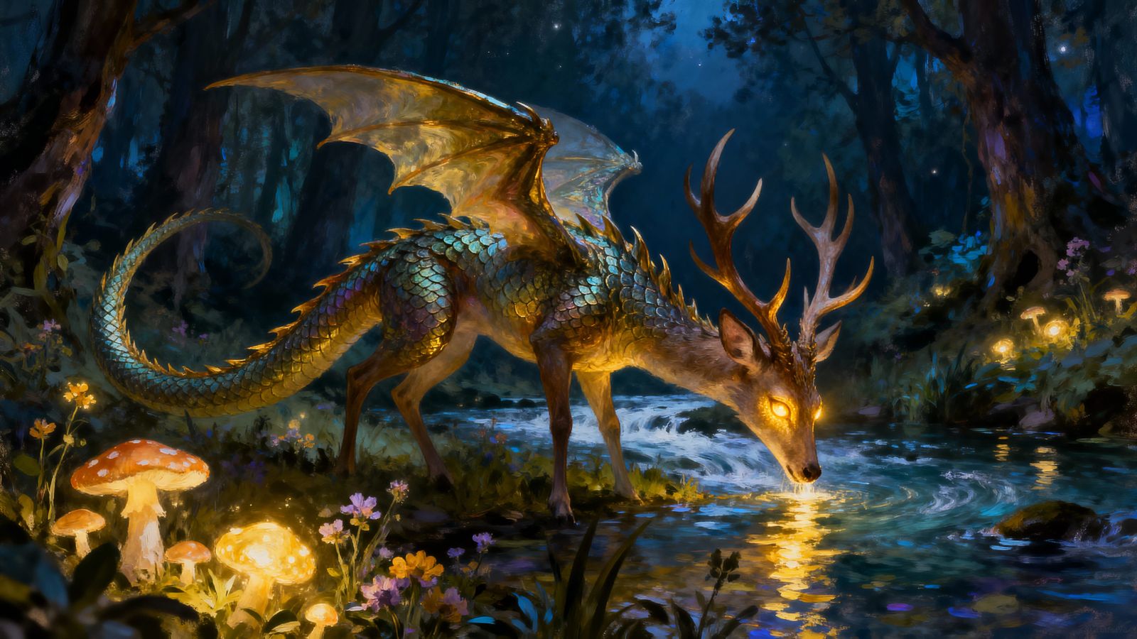 Luminescent Deer-Dragon Drinks at River in Enchanted Forest