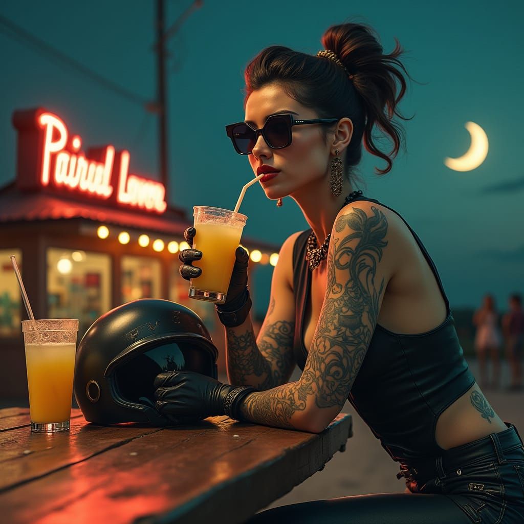 Retro Biker Pin-Up at Diner in 50s Style