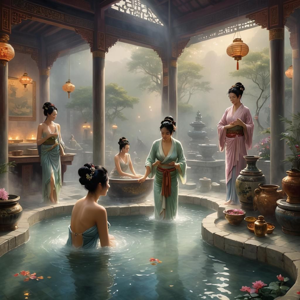 Ancient Chinese Bathhouse Scene in Ethereal Style