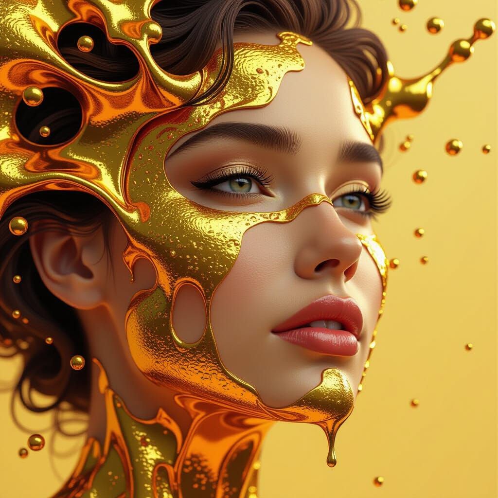 Woman Portrait Made of Molten Gold Melting Away
