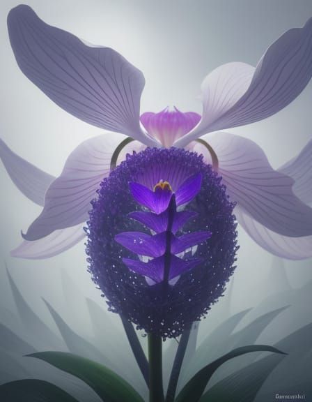 Surreal Giant Orchid Statue with Hidden Face, Oil Painting