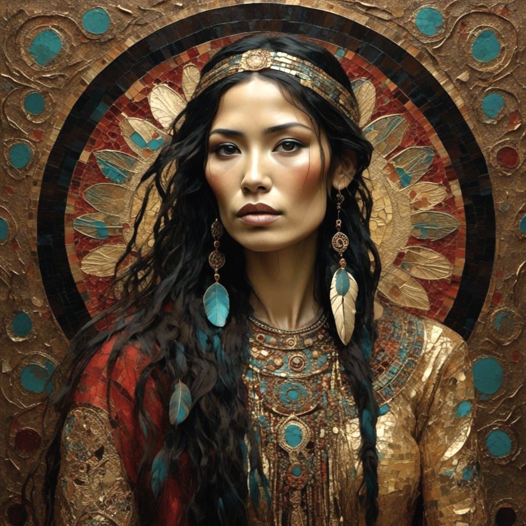 Native American Woman in Filigree Oil Impasto Style