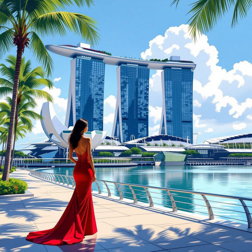 Woman at Marina Bay Sands in Futuristic Style