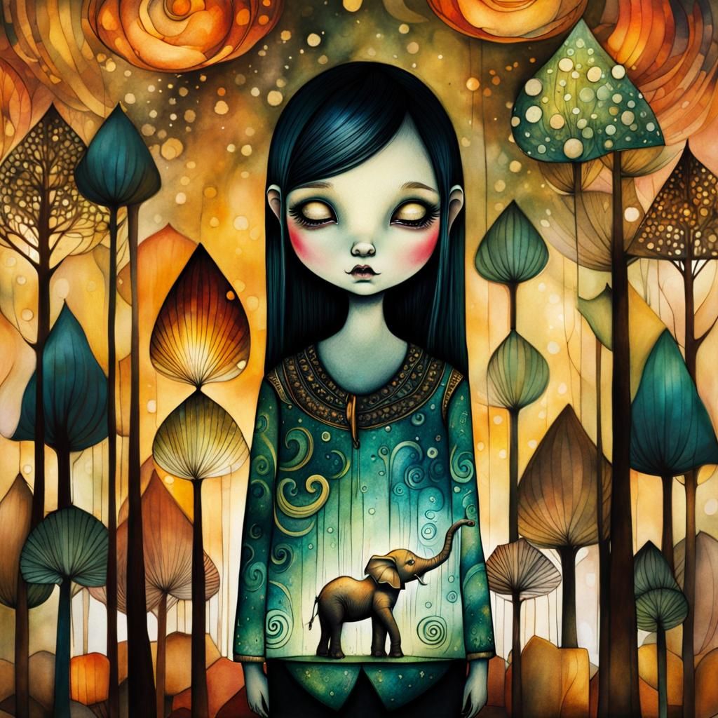 Baby Elephant Watercolor Illustration in Art Brut Style