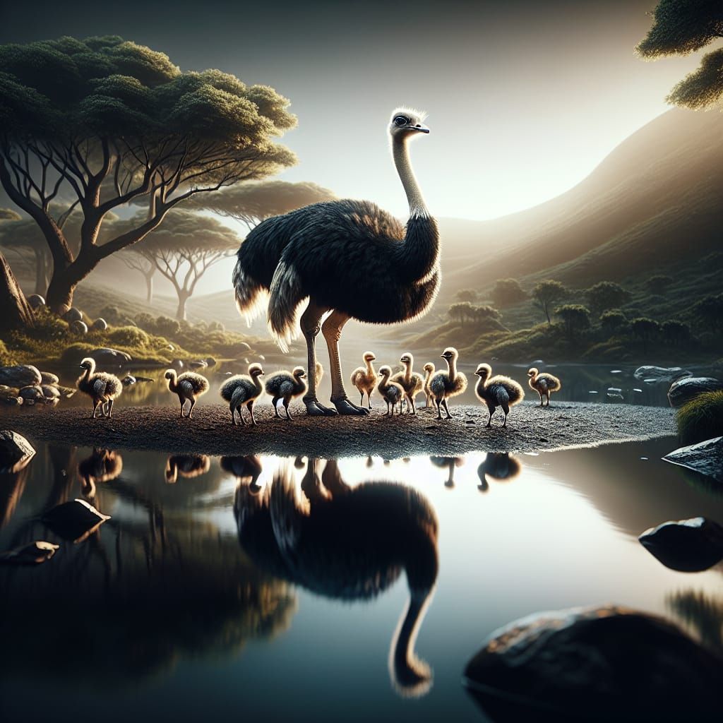 Hyperrealistic Ostrich Family by a Serene Pond