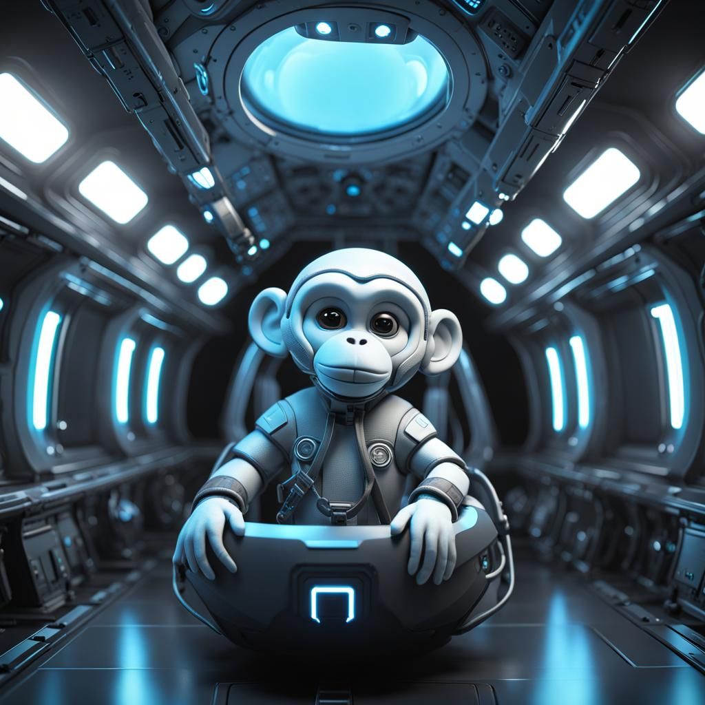 Plush Monkey Floats in Spaceship: Dark Fantasy Concept Art