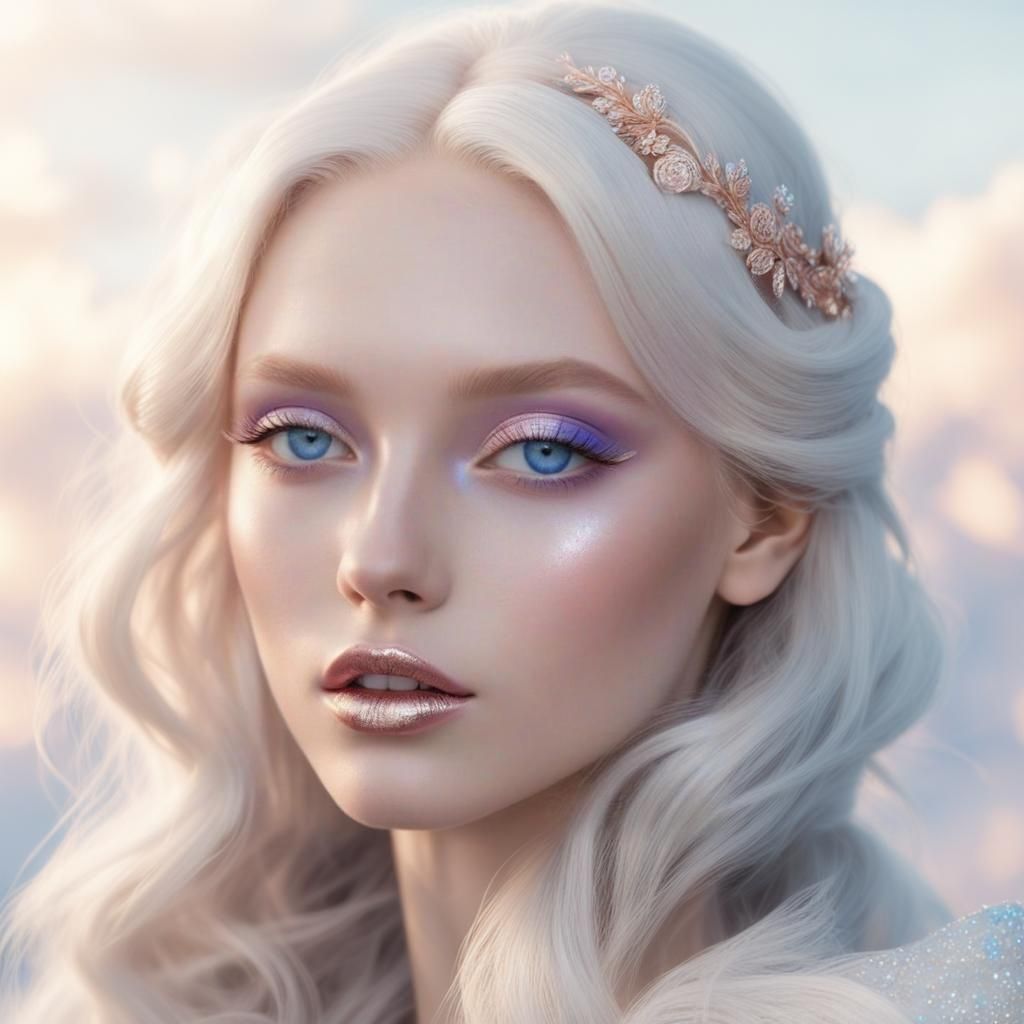 Ethereal beauty with platinum blonde hair and crystal blue e...