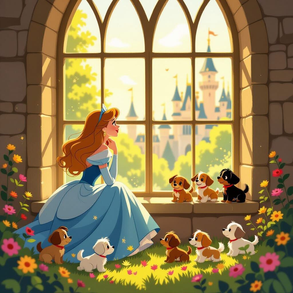 Disney Princess Gazes Out Castle Window with Playful Puppies