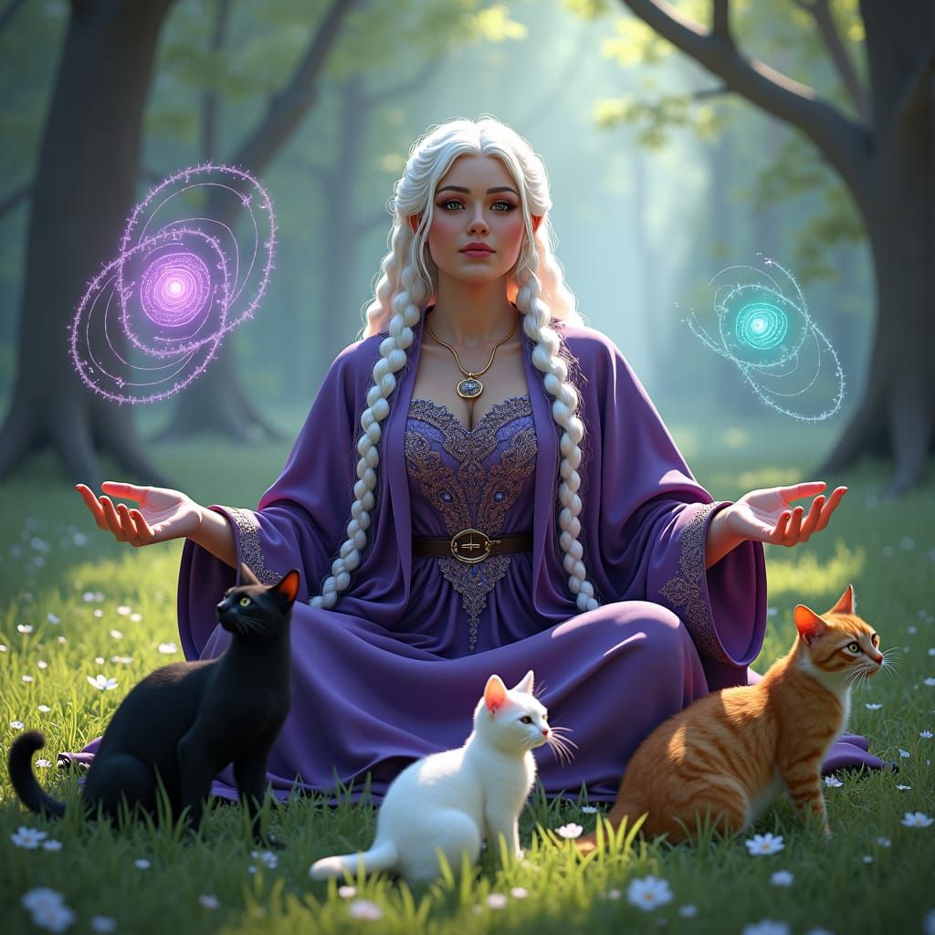 Enchanting Cat Sorceress in Forest Meadow