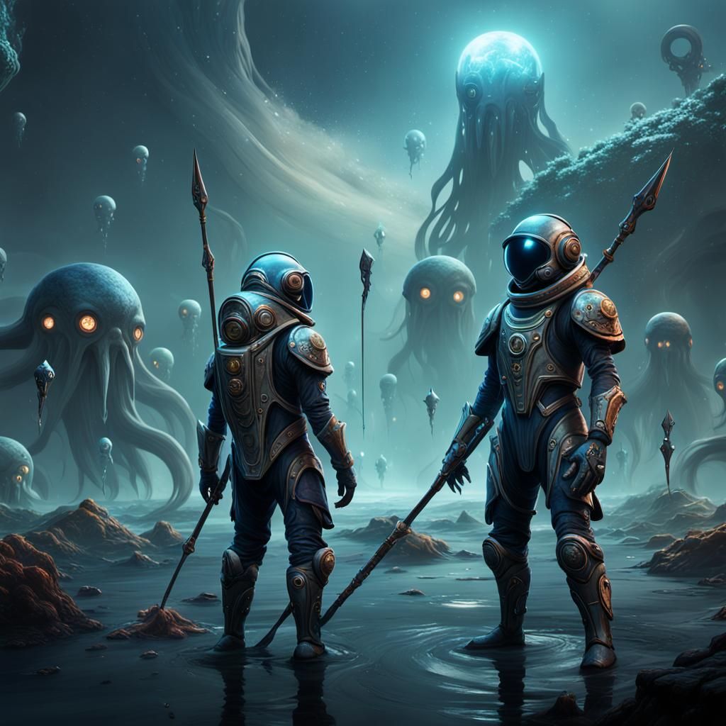 Squid-like Humanoids with Spears in Space