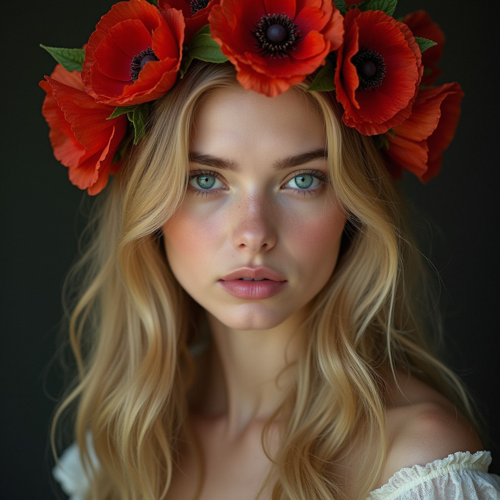 Woman with Poppies: Hyperrealistic Portrait