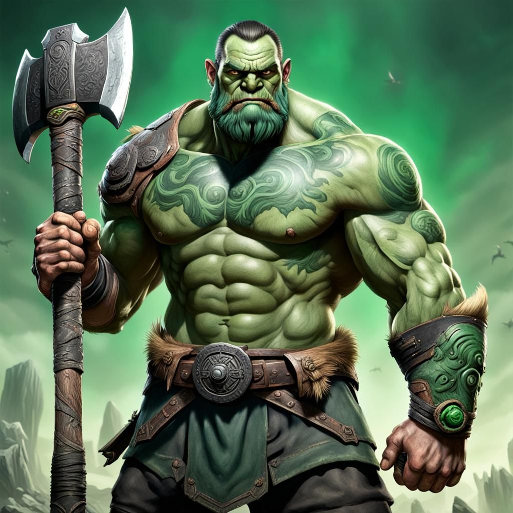Muscular Half-Orc Warrior with Axe and Companion