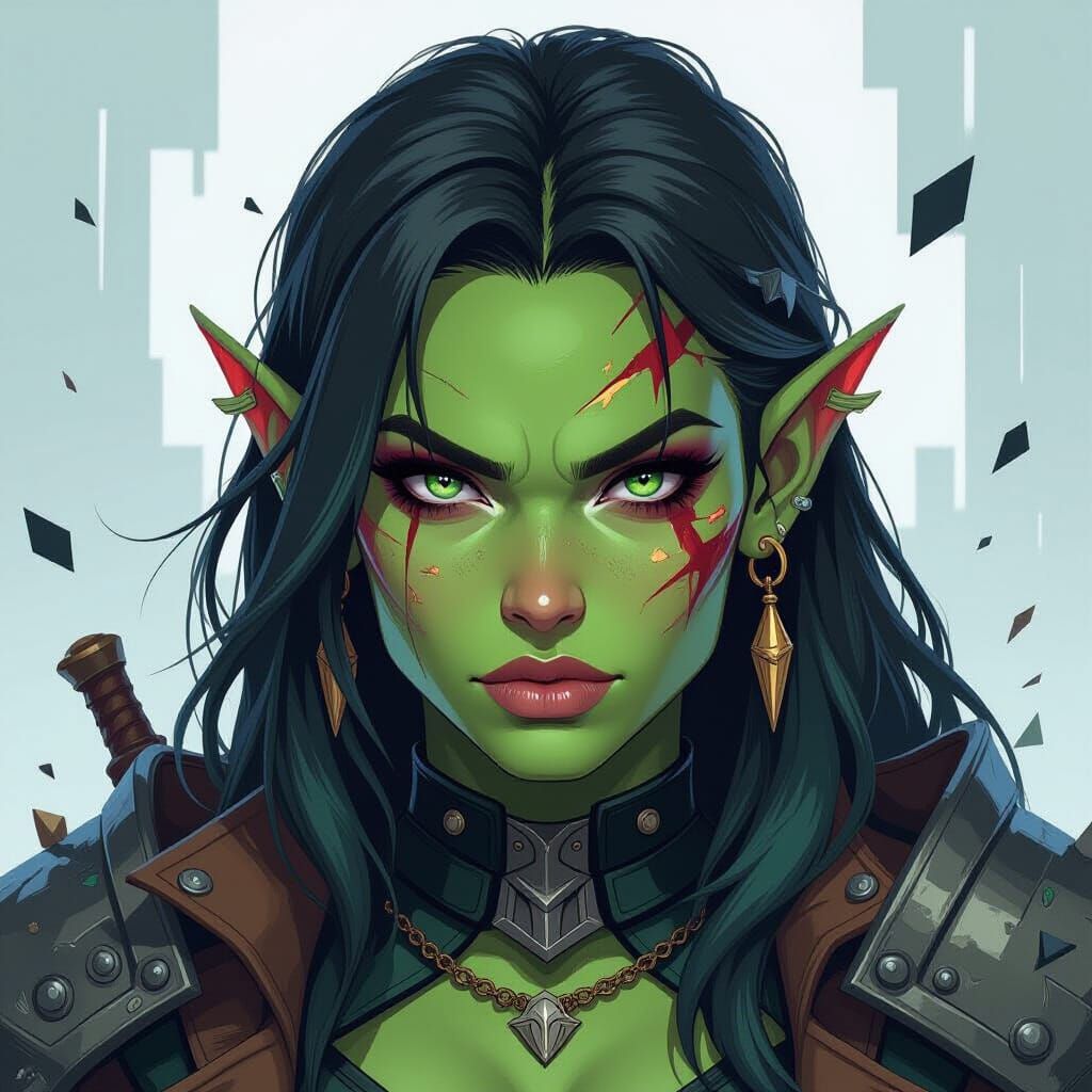 Orc Woman Glitching in Virtual World, Anime Style