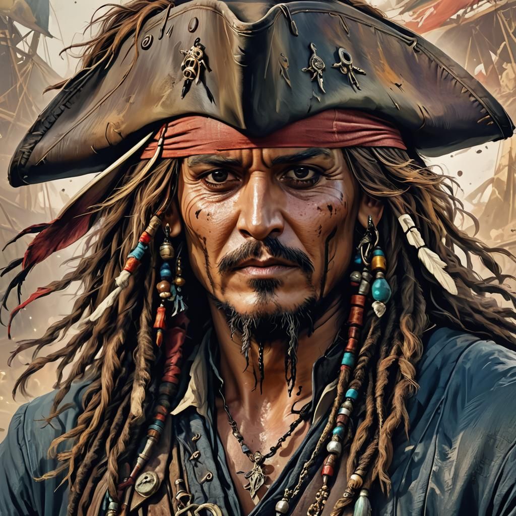 Detailed Portrait of Jack Sparrow in Art Nouveau Style