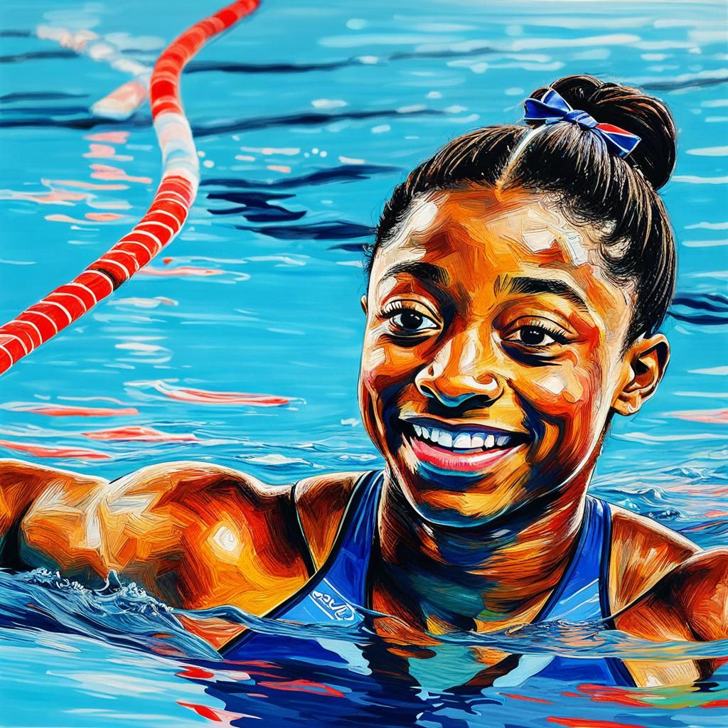 Simone Biles Swimming: Trompe-l'oeil Impressionist Art