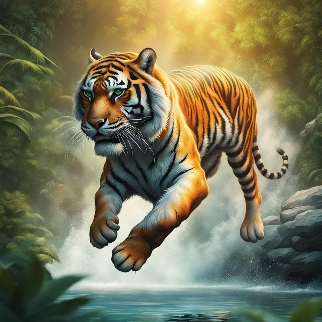 Tiger Leaps Through Jungle: Hyperrealistic Splash Art