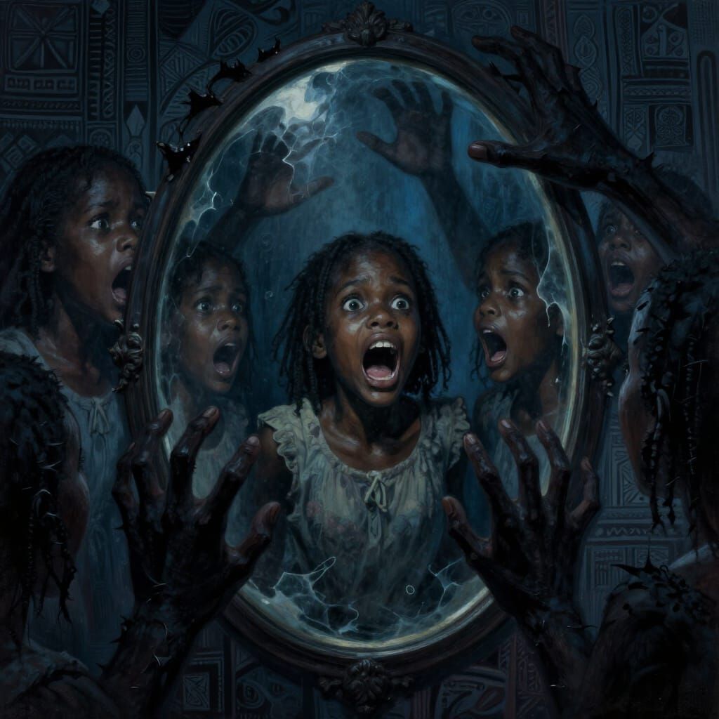 Dark Mirror Traps Screaming Girl in Shadowy Hands