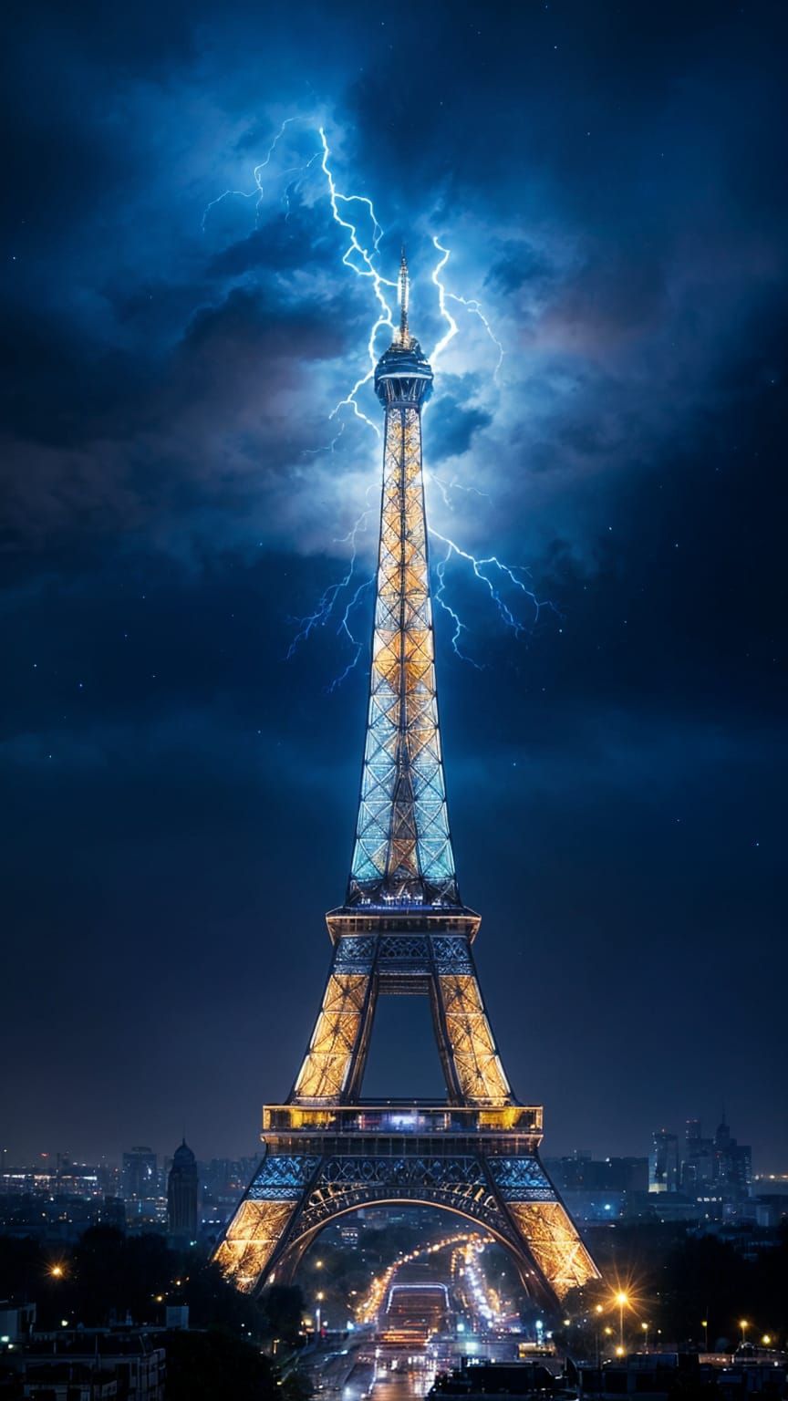 Eiffel Tower Struck by Blue Lightning