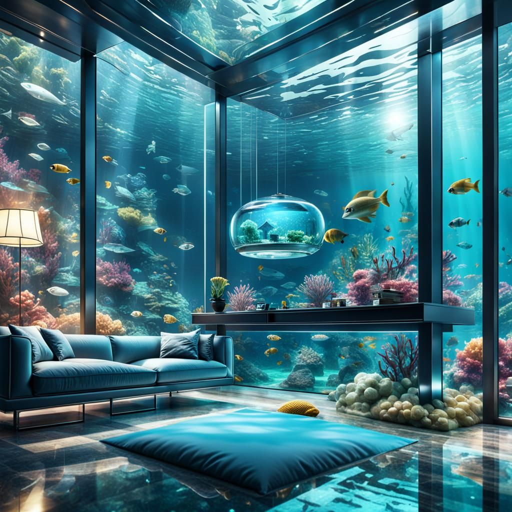 Futuristic Underwater Living Room in Digital Matte Painting