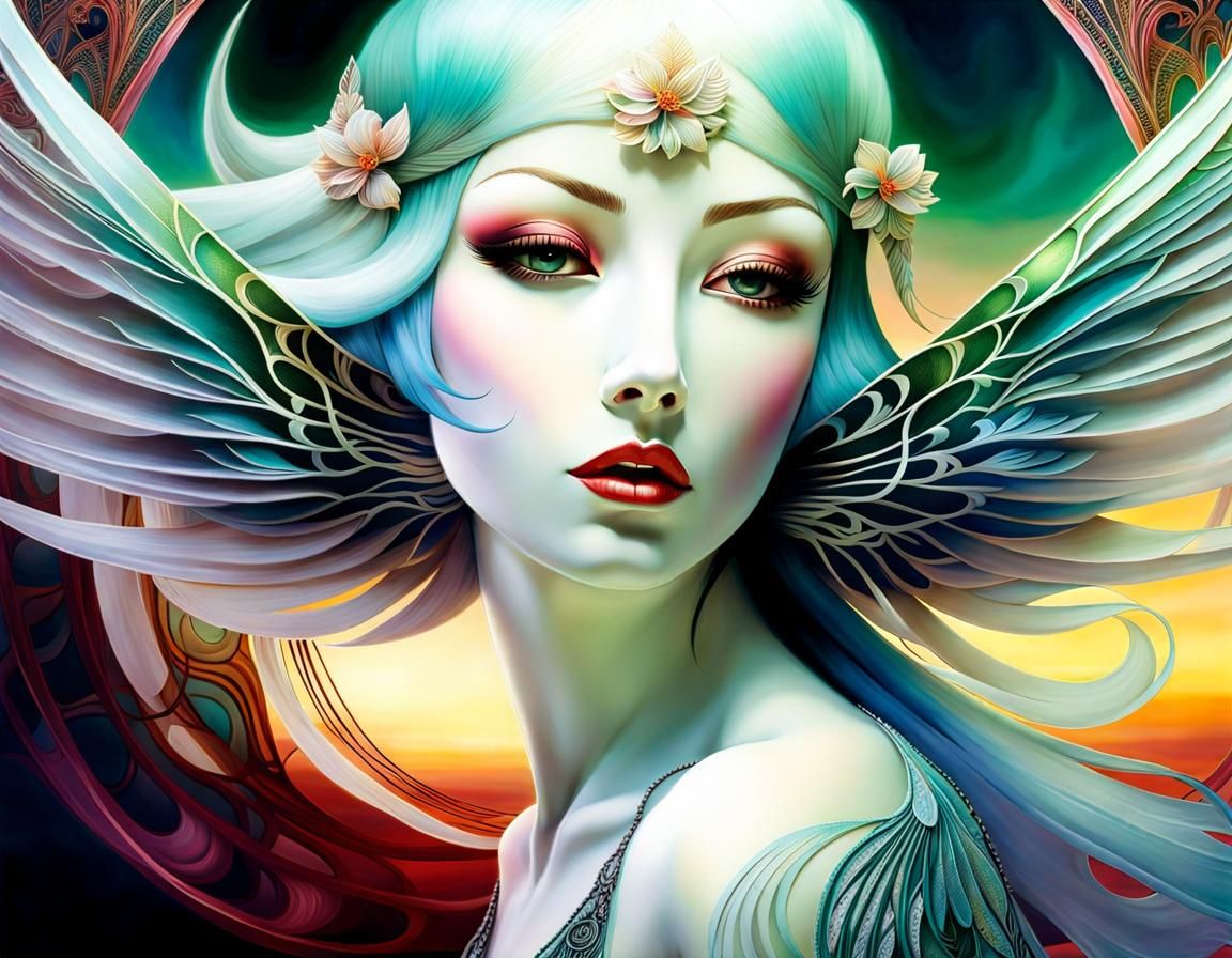 Woman with Angel Wings, Art Nouveau Style