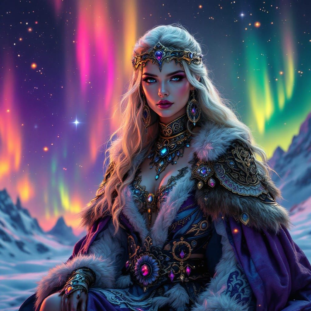 Regal Viking Warrior Amidst Celestial Nordic Landscape