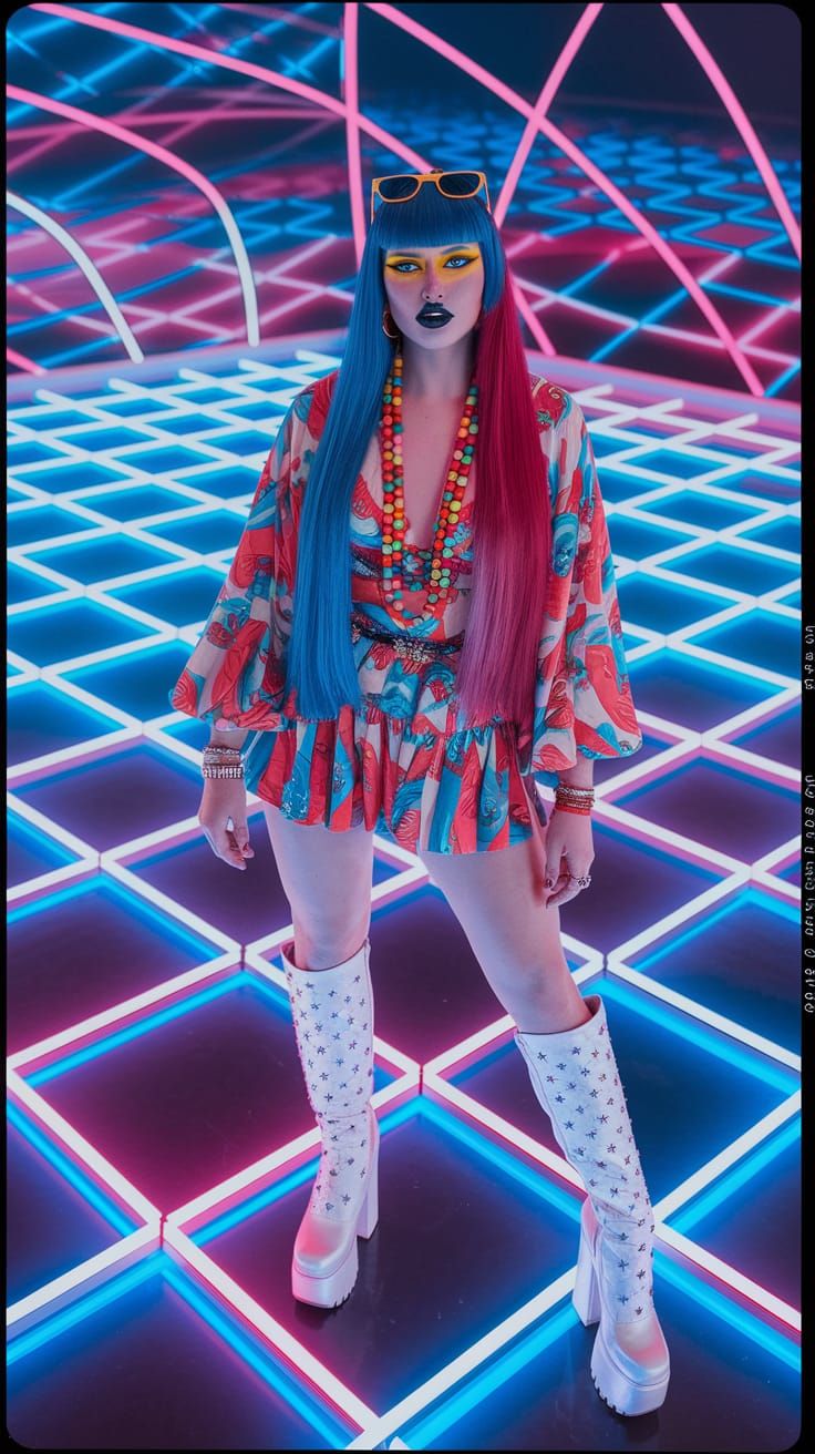 Goddess Disco Dancer in Vibrant Aerial Scene