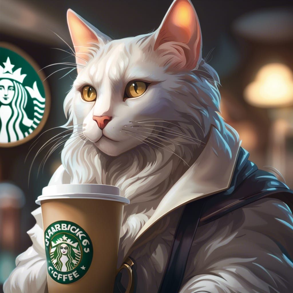 Cat Portrait in Starbucks, Hyperdetailed Digital Art