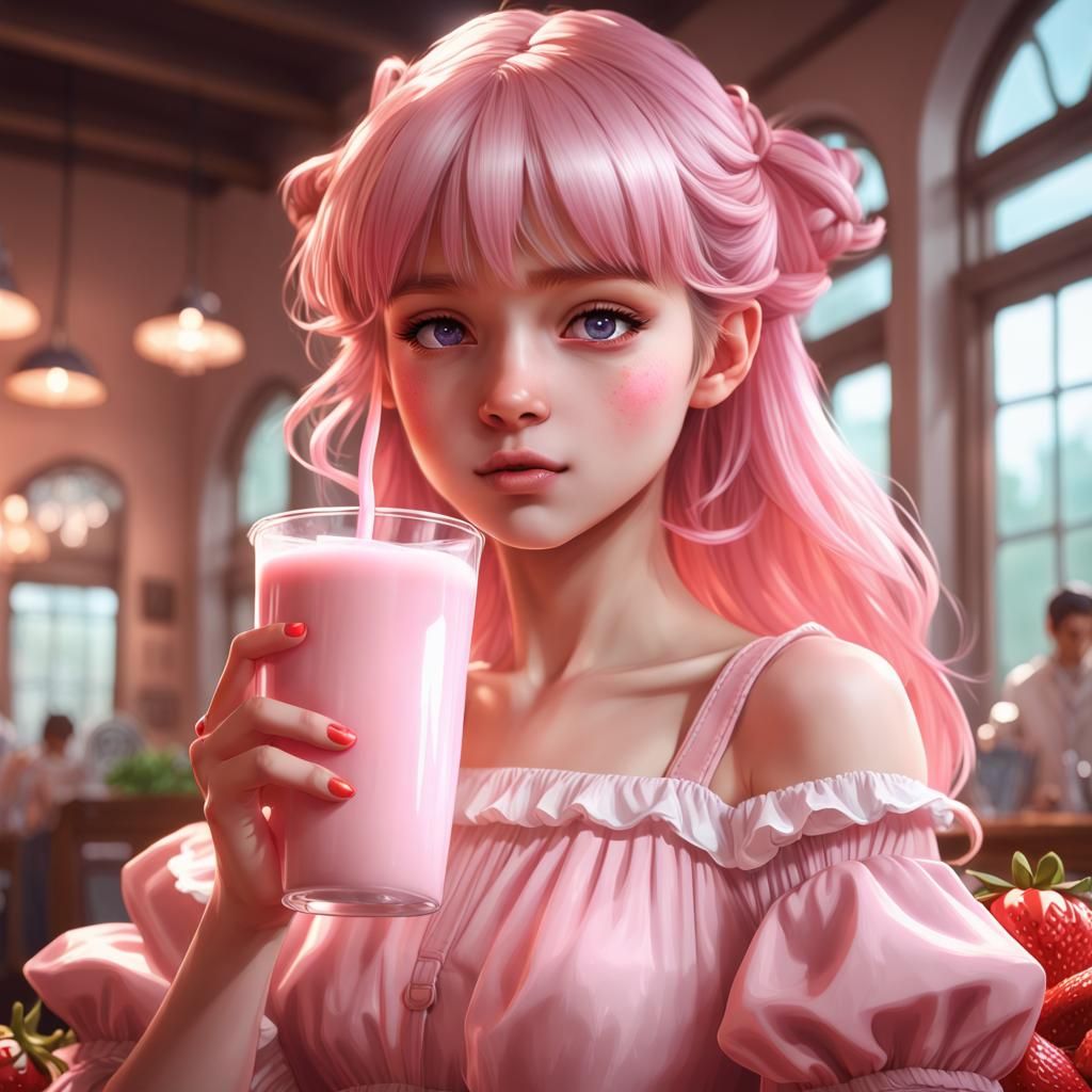 Anime Girl Drinking Strawberry Milk: Detailed Portrait