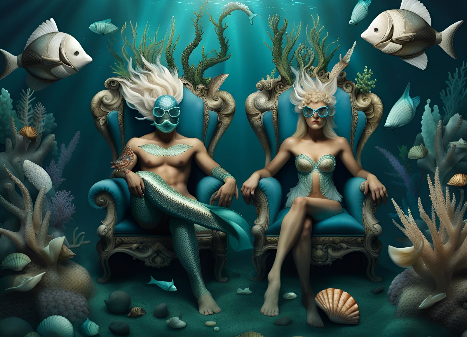 Underwater Scene with Merfolk and Shell Masks