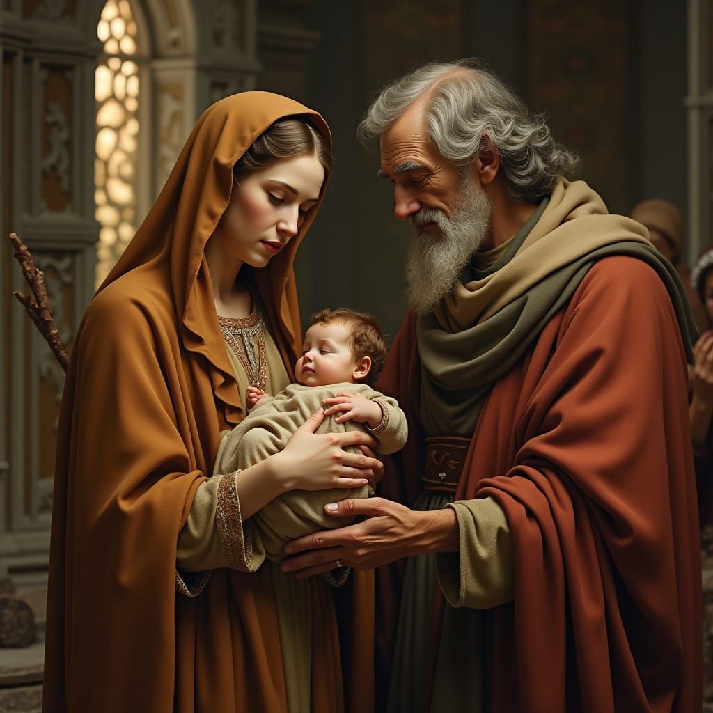 Holy Family Presented in the Temple by Mary, Joseph, Simeon,...