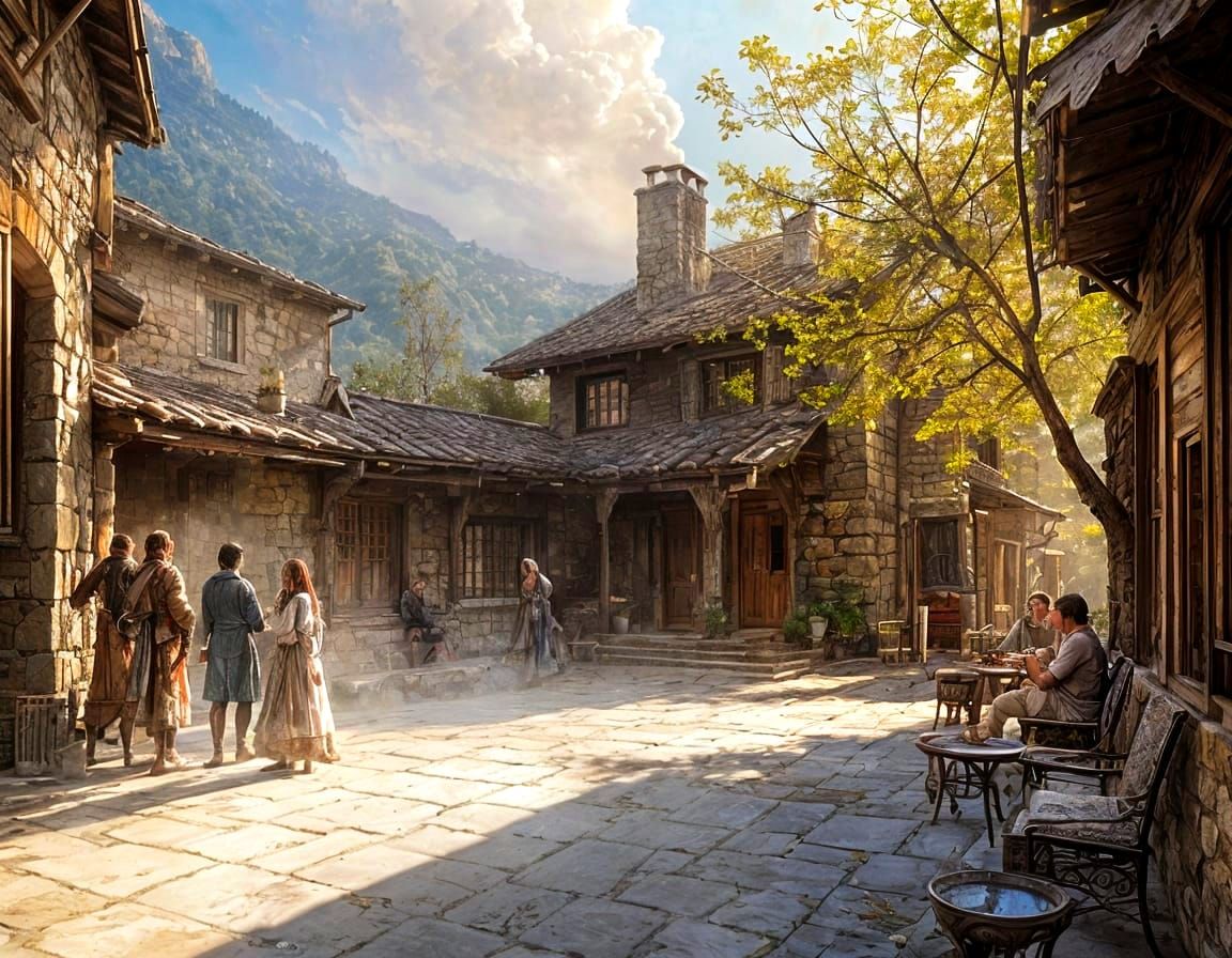 Whimsical Watercolor Coffee Scene in a Fairytale Village