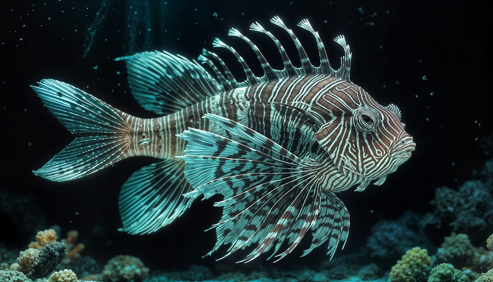 Photorealistic Turquoise Lionfish in Dark Ocean
