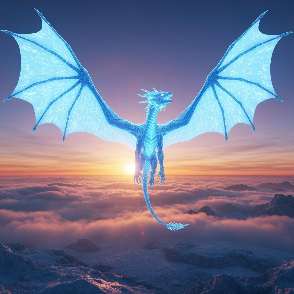 Majestic Icy Dragon Soaring at Sunset in 3D