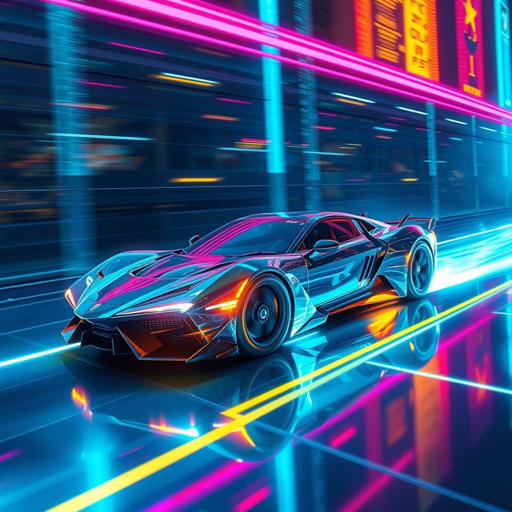 Cyberpunk Ghost Car on a Futuristic Neon Grid