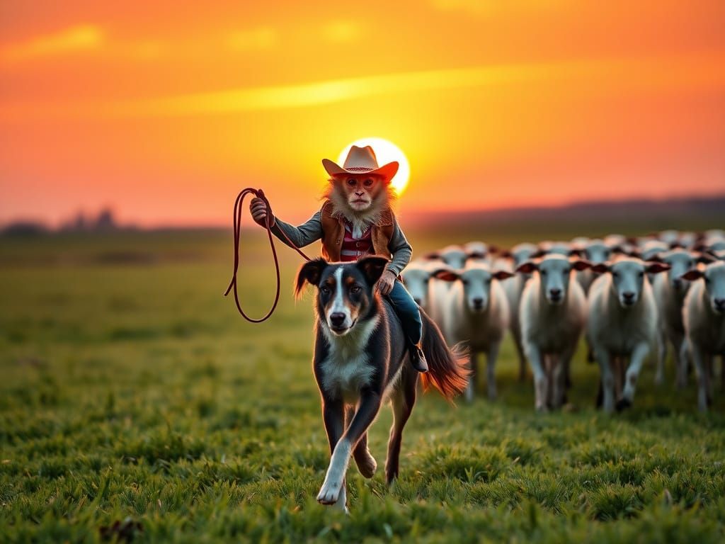 Cowboy Monkey Rides Collie at Sunset