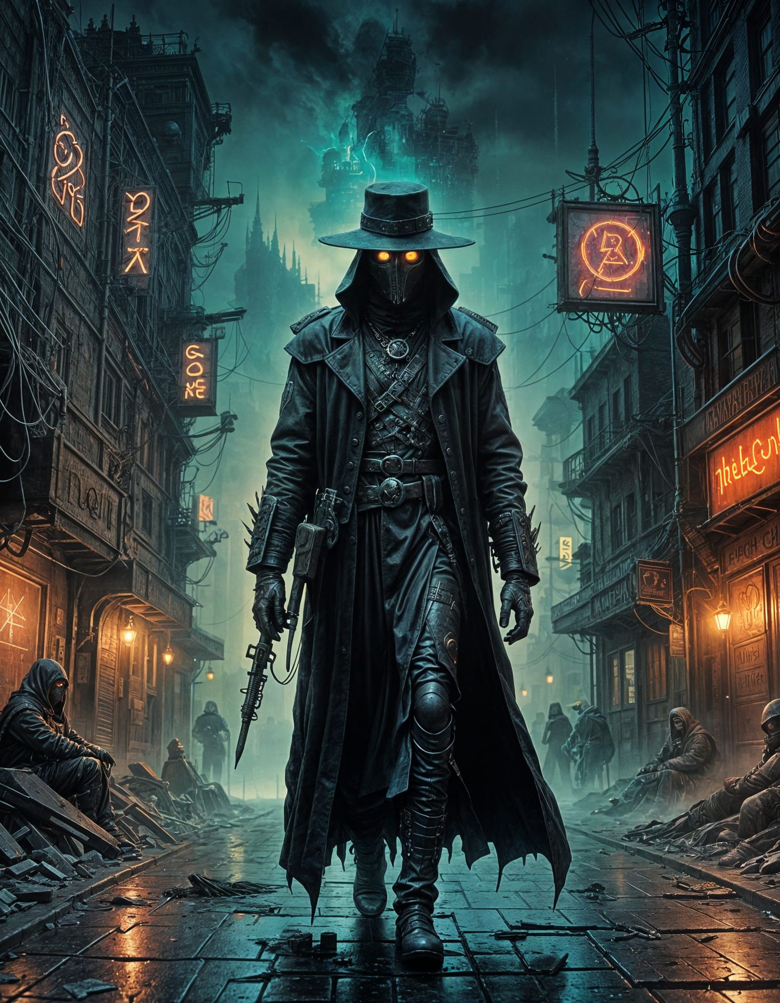 Cyberpunk Plague Doctor in Neon Cityscape