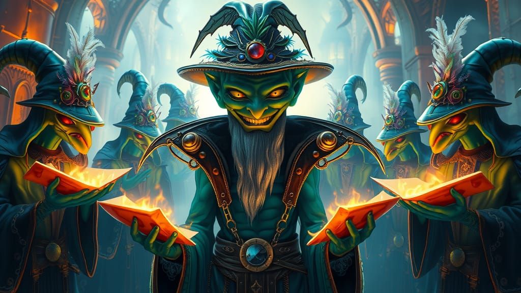 Steampunk Alien Wizards Gather in Vibrant, Ethereal Setting
