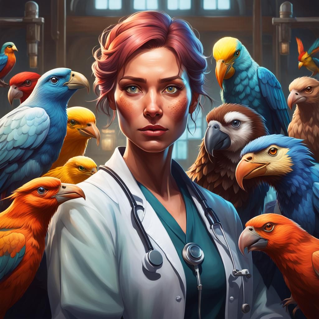 Veterinarian and Birds: Detailed Digital Art Portrait