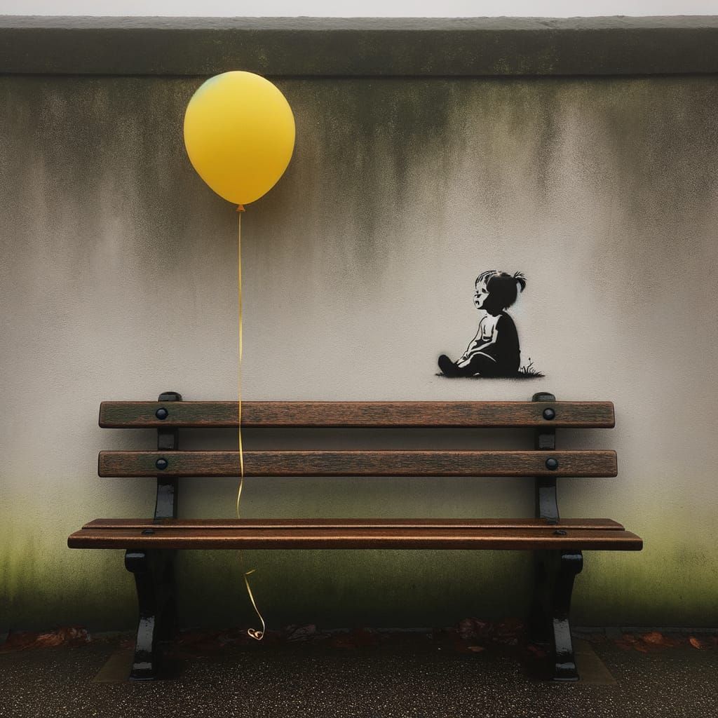Yellow Balloon on Park Bench with Child Art