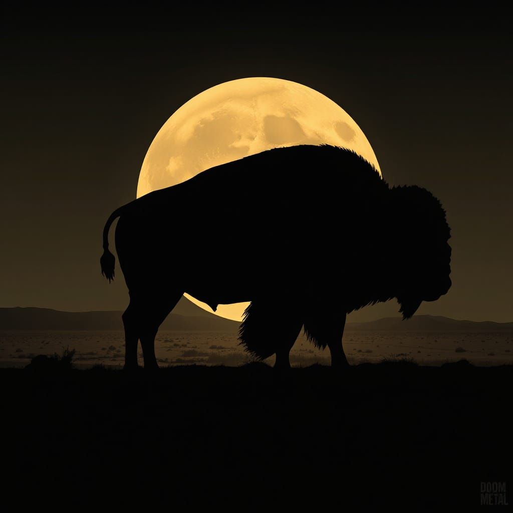 Bison Silhouette Under Moonlight in Minimalist Style