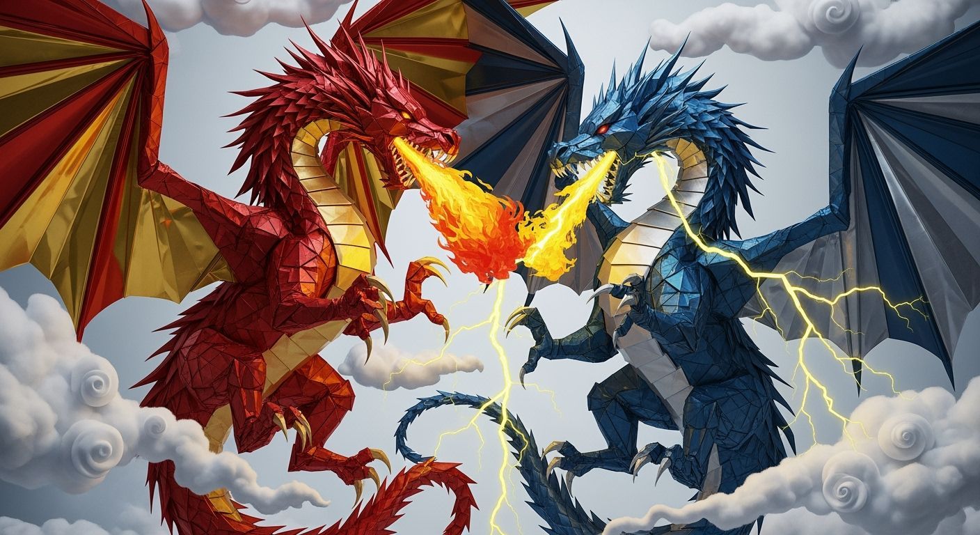 Epic Origami Dragons Duel in a Digital Painting