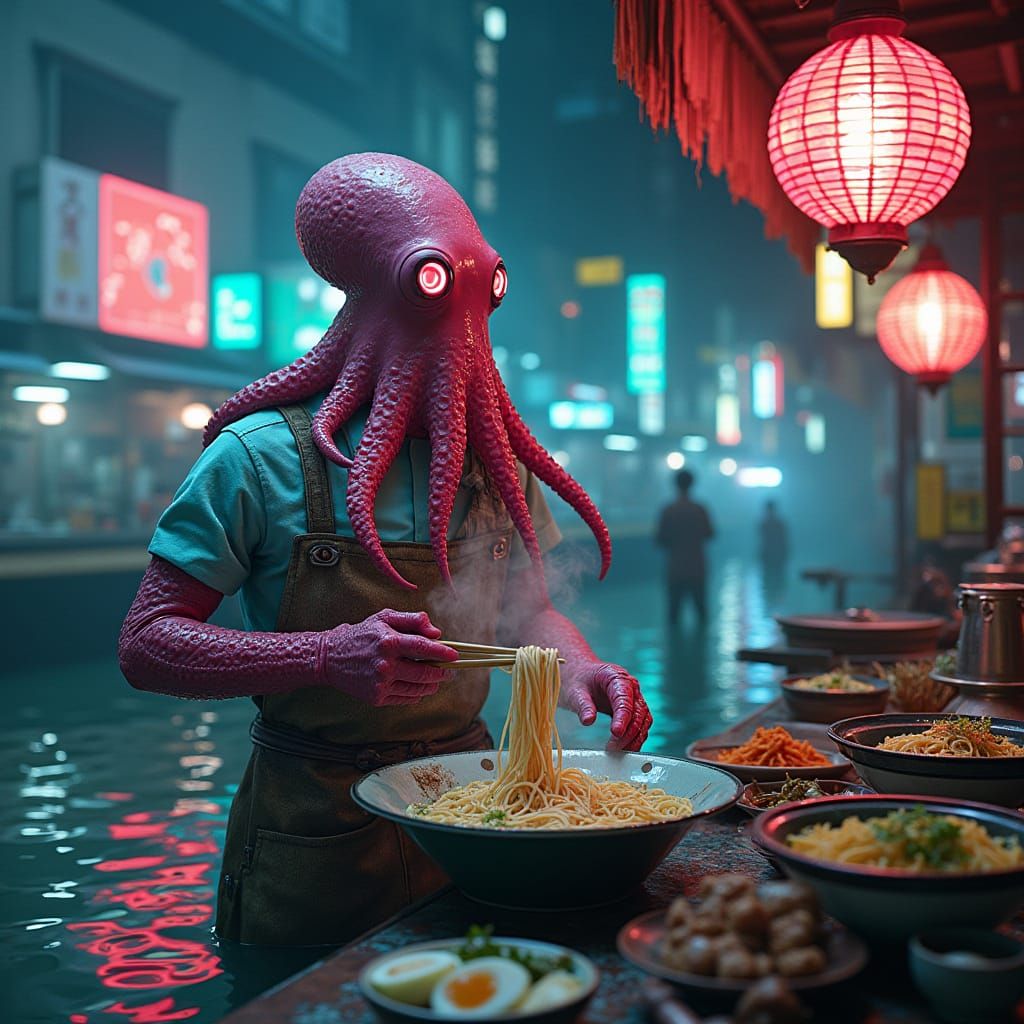 AI Octopus Chef in Flooded Cyberpunk Tokyo