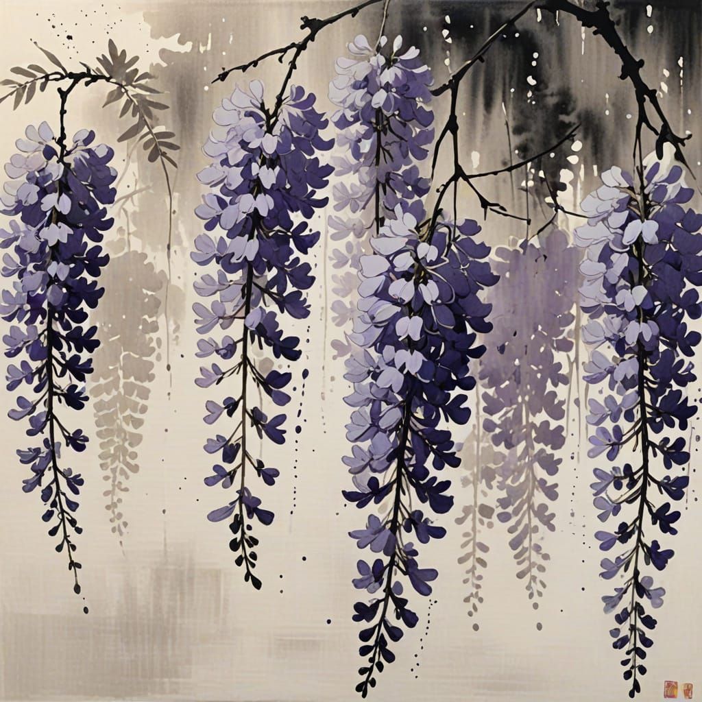Yamato-e Wisteria Blossoms with Ink Splash Accents