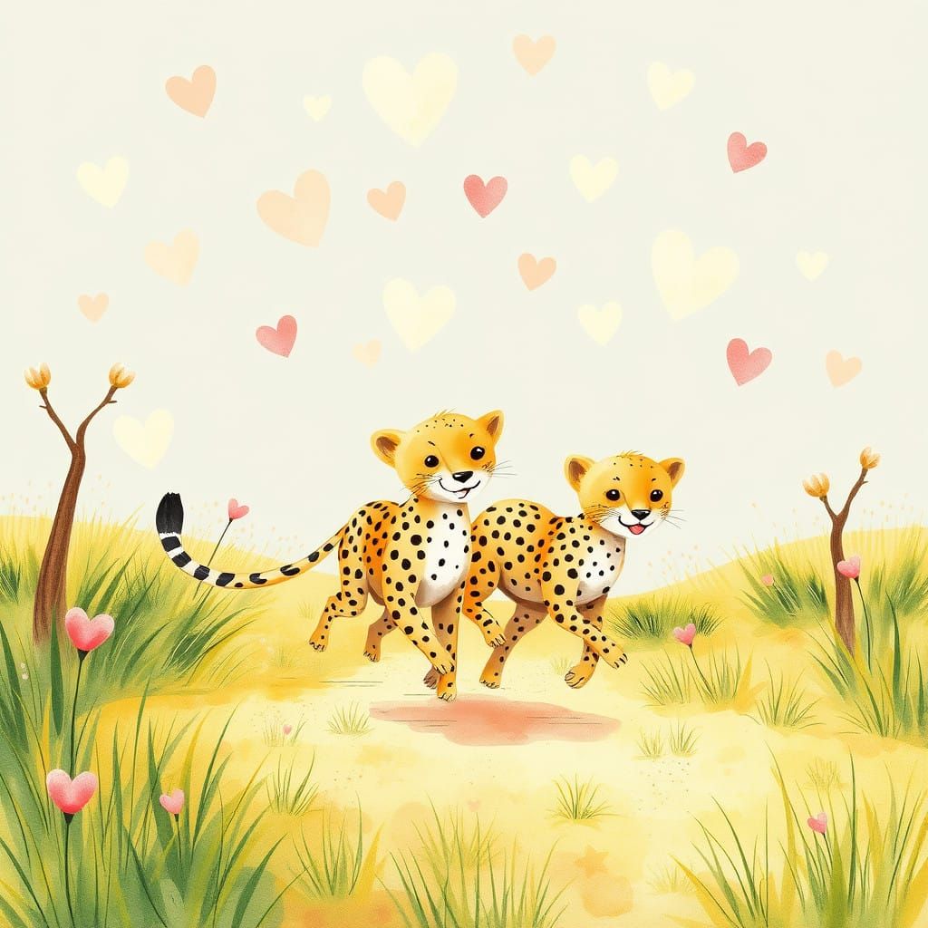 Whimsical Cheetahs in a Sun-Kissed Savanna, in Watercolor St...