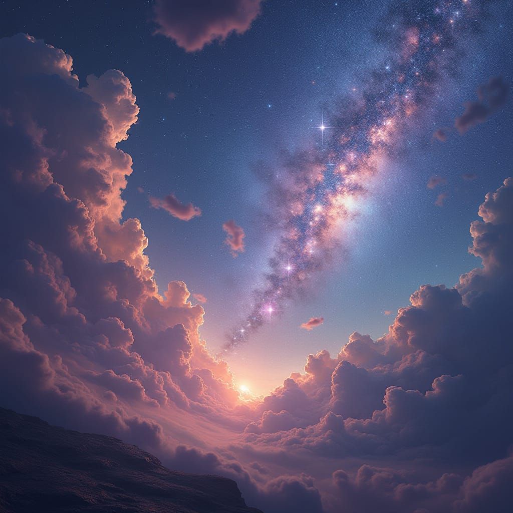 Dreamy Cosmic Landscape with Vibrant Galaxies and Milky Way